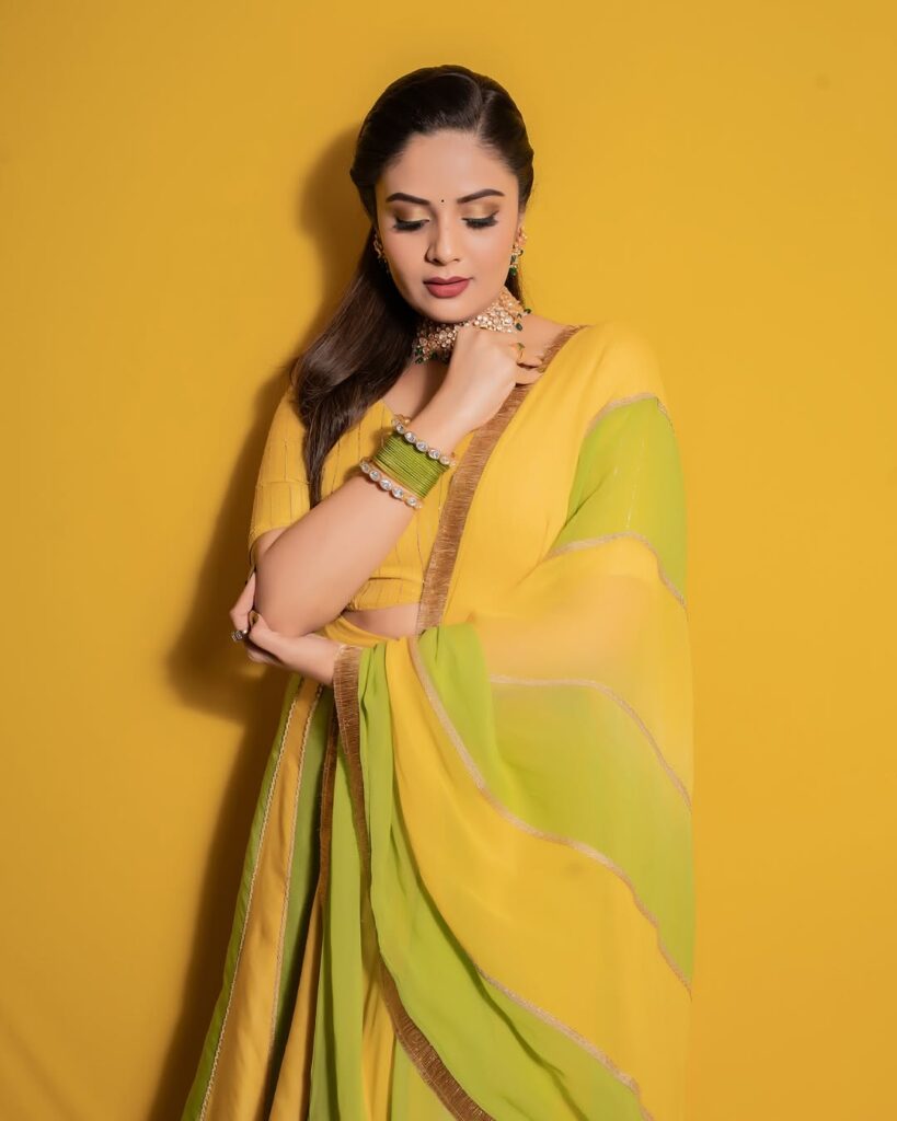 Sreemukhi in a stunning yellow dress