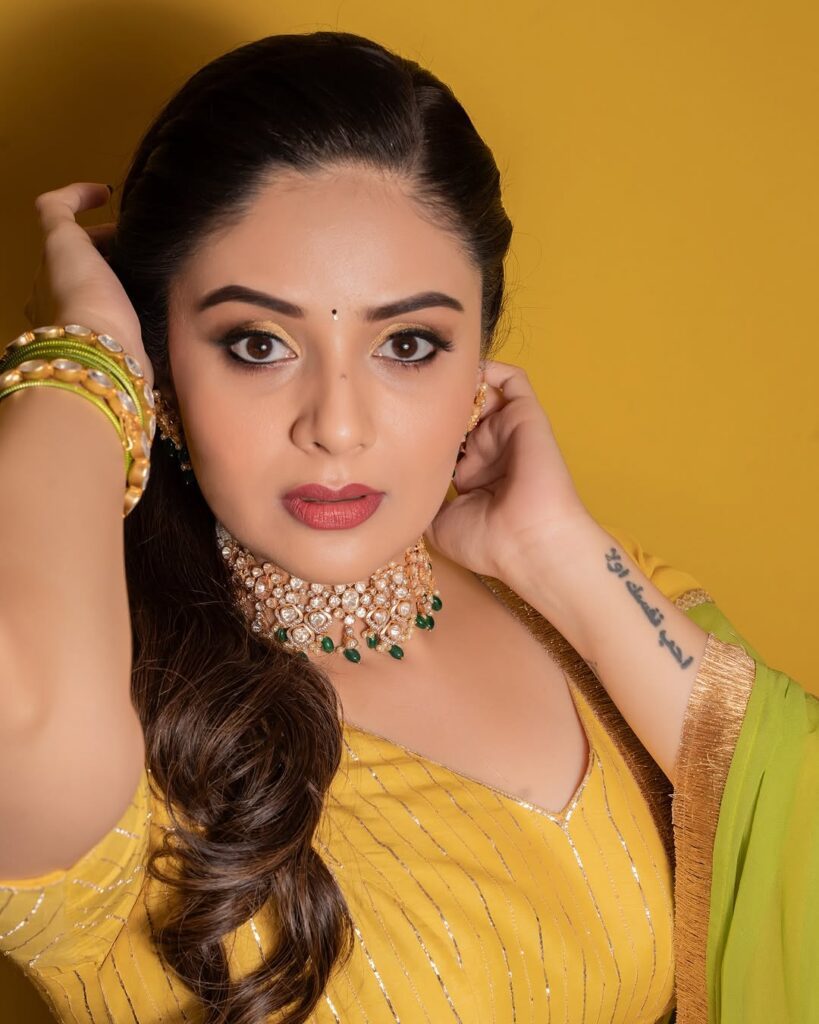 Sreemukhi in a stunning yellow dress